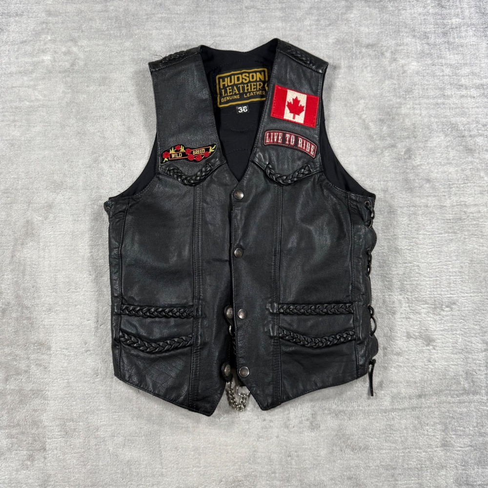 Hudson Vest Mens 36 Black Leather Motorcycle Patched Biker Lace Side Braided Cut
